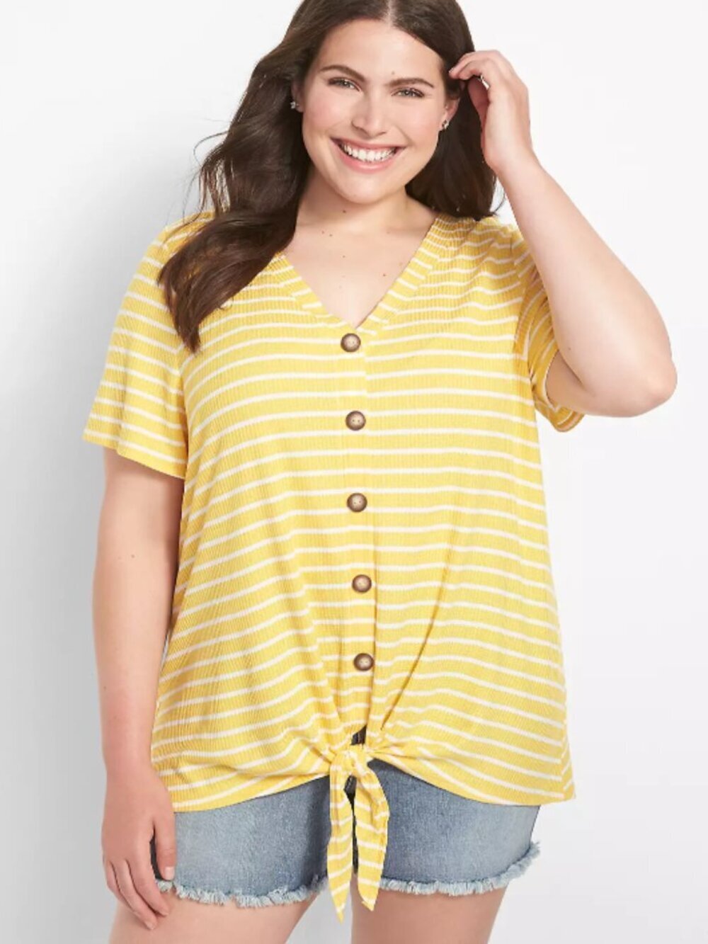 Lane Bryant Women's Size 14/16 Classic Button-Front Knit Tee with Tie-Hem Yellow